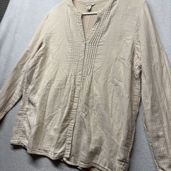 LL BEAN Shirt Womens Large Button Up Blouse Top Striped Beige White 100% Cotton - Picture 3 of 5